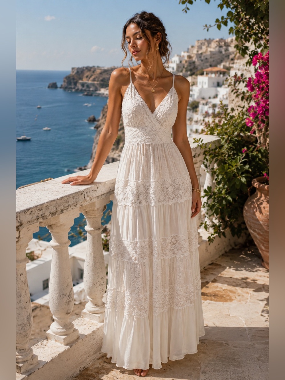 NWT Mediterranean Dream White Lace Maxi Dress Coastal Boho Romantic Resort Dress